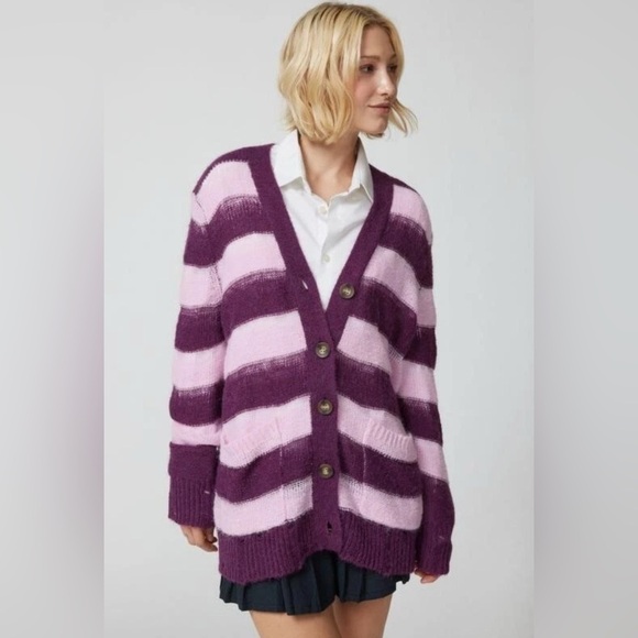Urban Outfitters Sweaters - Urban Outfitters worn look distressed Stripe Cardigan Purple Pink Women's  Xs